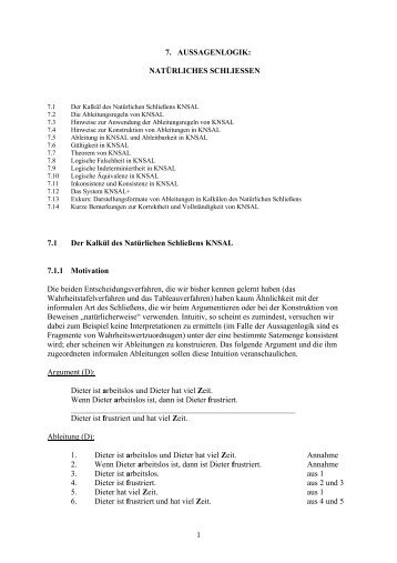 7. AUSSAGENLOGIK: NATÜRLICHES SCHLIESSEN 7.1 Der Kalkül ...