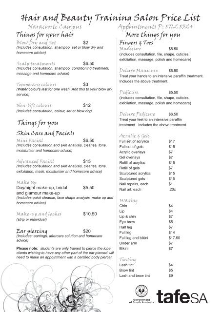 Hair And Beauty Training Salon Price List Tafe Sa