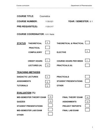 COURSE TITLE: Cosmetics COURSE NUMBER: YEAR ... - AACP