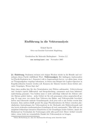 Einführung in die Vektoranalysis - von Eckard Specht - Otto-von ...