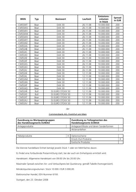 Anlage zum Kursblatt vom 23. Oktober 2008 der Baden ...