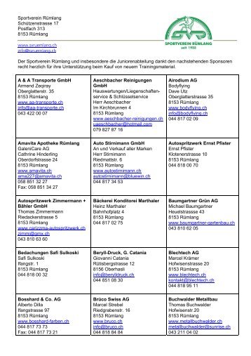 Sponsorenliste metatop AG - SV Rümlang