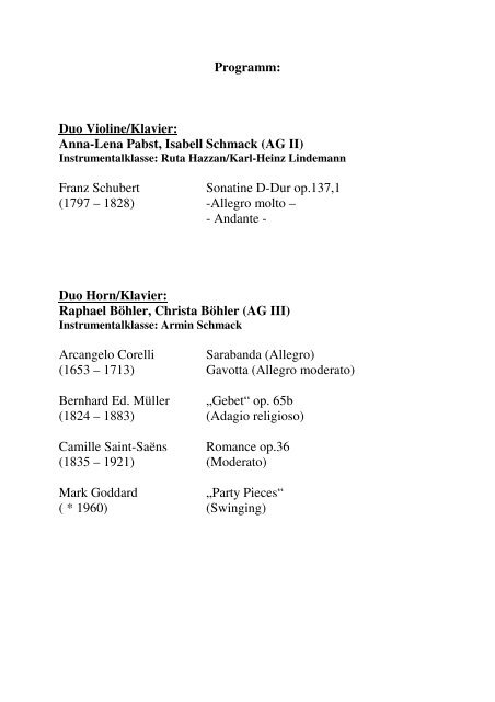 Programm: Duo Violine/Klavier: Anna-Lena Pabst, Isabell Schmack ...