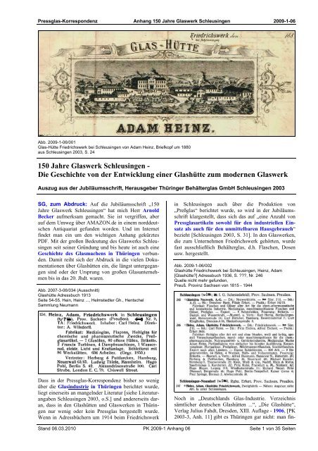 150 Jahre Glaswerk Schleusingen - Pressglas-Korrespondenz