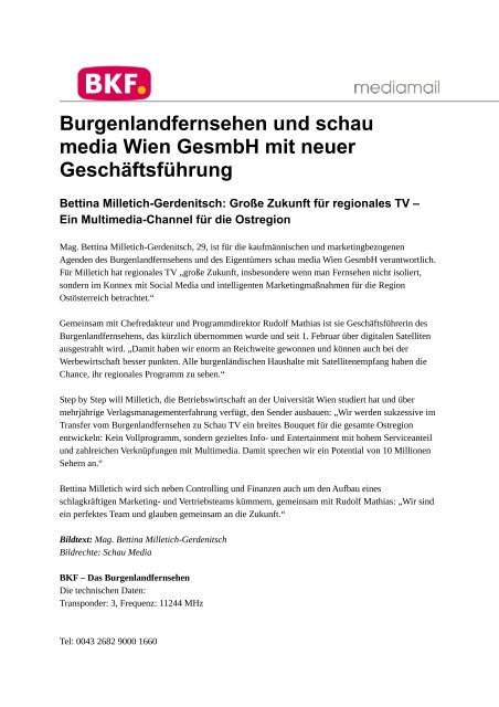 Burgenlandfernsehen und schau media Wien GesmbH mit neuer ...