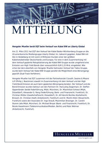 Hengeler Mueller berät EQT beim Verkauf von Kabel BW an Liberty ...
