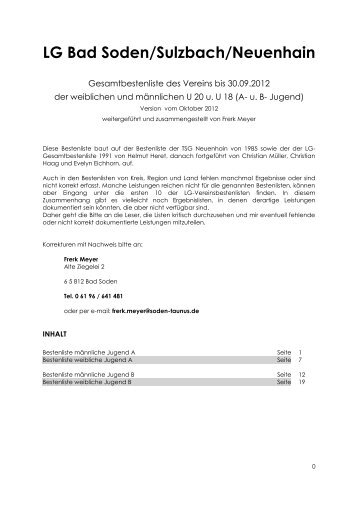 Bestenliste der A-Jugend - LG Bad Soden/Neuenhain Leichtathletik