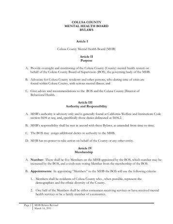 COLUSA COUNTY MENTAL HEALTH BOARD BYLAWS Article I ...