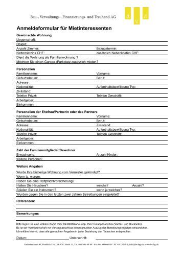 Anmeldeformular f ür Mietinteressenten - mofina.ch