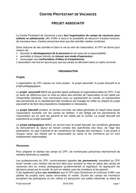"projet associatif" (pdf) - Centre Protestant de Vacances (CPV)