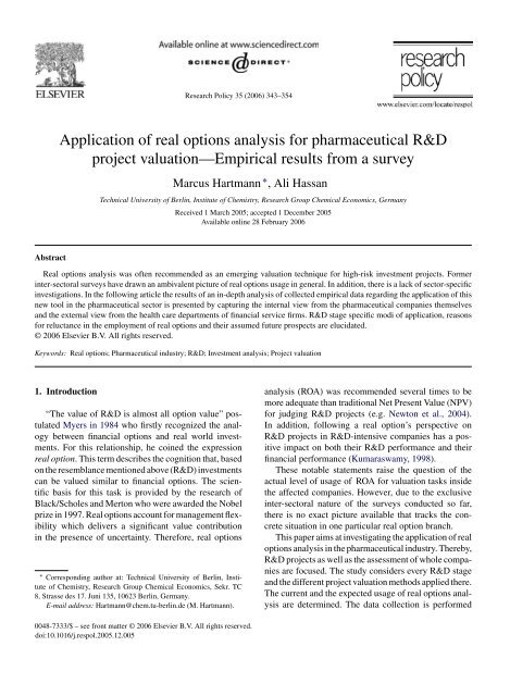 Application Of Real Options Analysis For Pharmaceutical R D Project