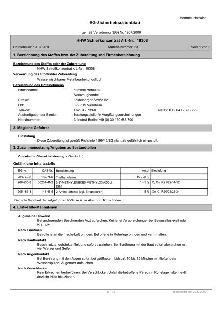 EG-Sicherheitsdatenblatt - Hommel Hercules Werkzeughandel