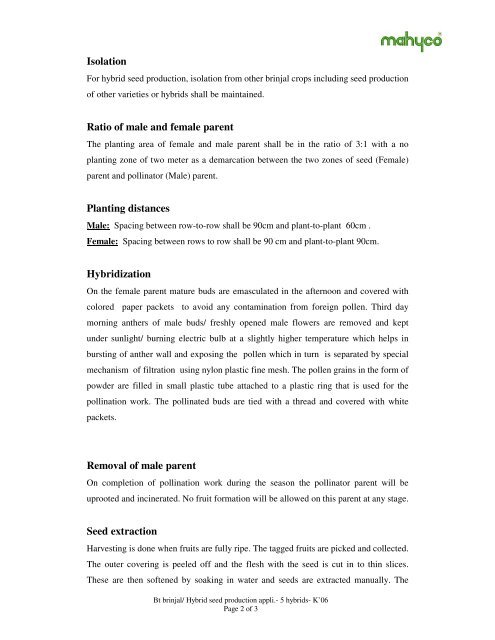 Protocol for the Hybrid Seed Production of Bt Brinjal Hybrids MHB- 4 ...