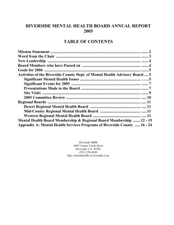 riverside mental health board annual report 2005 table of contents