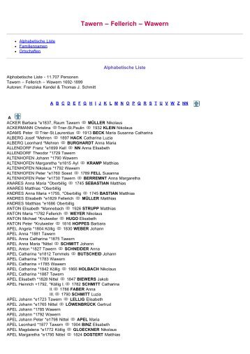 ABC-Listen zu Familienbuch rk. Tawern - Fellerich - Wawern - WGfF