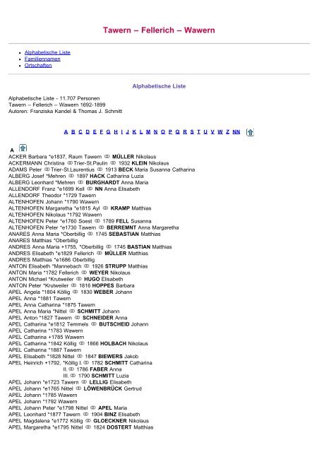 ABC-Listen zu Familienbuch rk. Tawern - Fellerich - Wawern - WGfF