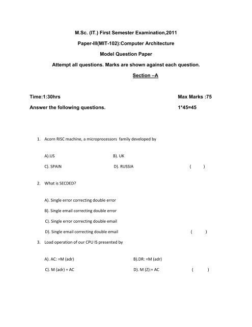 M.Sc. (IT.) First Semester Examination,2011 Paper-III(MIT-102 ...