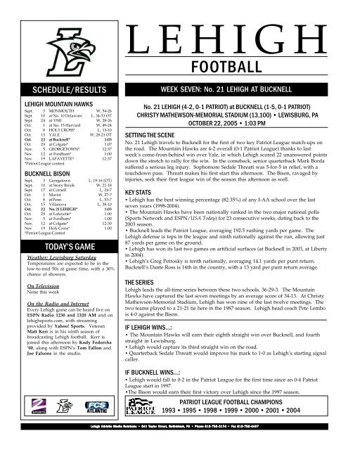 Yale 1015 game notes - Lehigh University Athletics