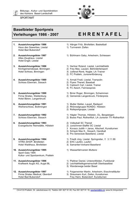 Baselbieter Sportpreis Verleihungen 1986 - 2007 ... - Budokai Liestal