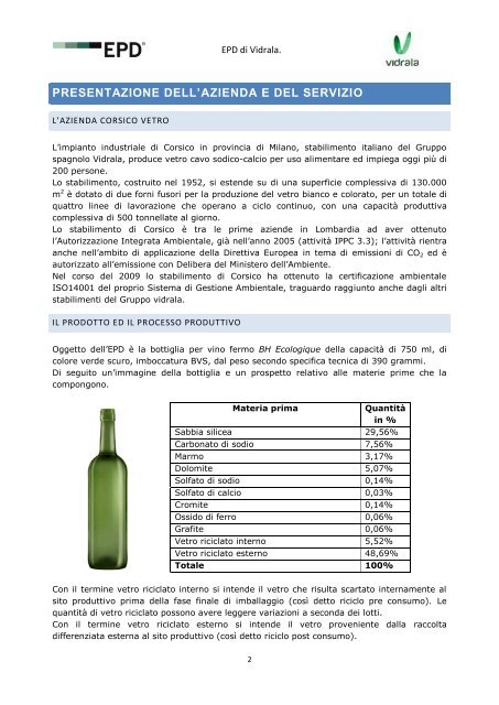 dichiarazione ambientale di prodotto per la bottiglia bh ecologique