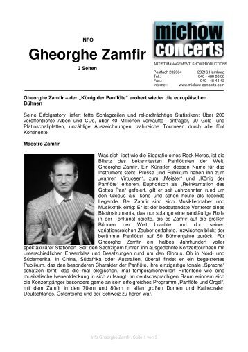 Info Gheorghe Zamfir - Michow Concerts + Management GmbH