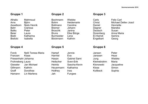 Gruppe 1 Gruppe 2 Gruppe 3 Gruppe 4 Gruppe 5 Gruppe 6
