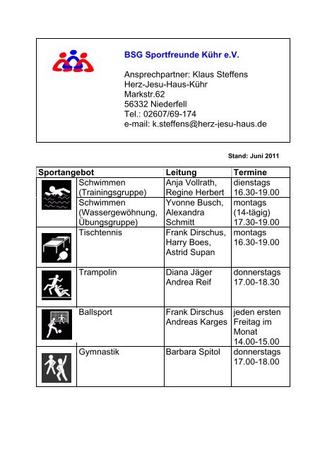 Sportangebot Leitung Termine Schwimmen ... - Herz-Jesu-Haus