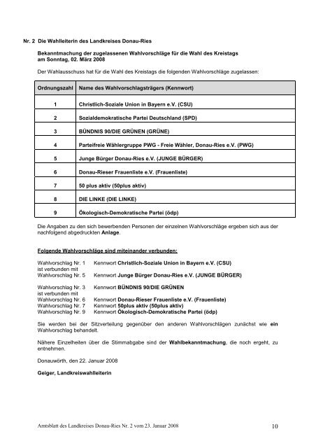 Nr. 2 Die Wahlleiterin des Landkreises Donau-Ries - Monheim