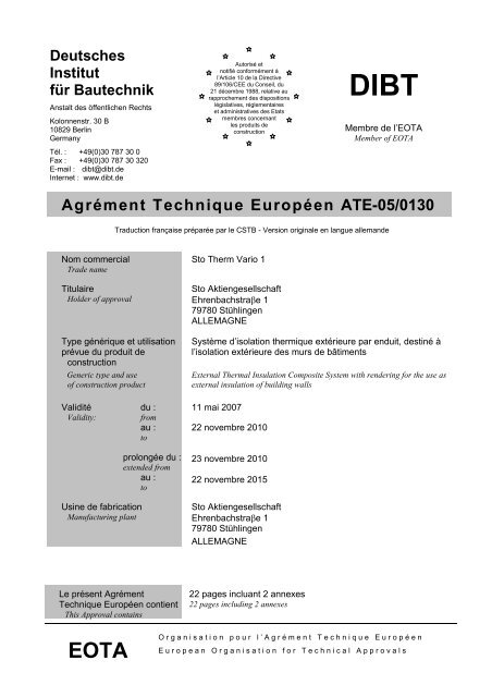 Agrément Technique Européen ATE-05/0130