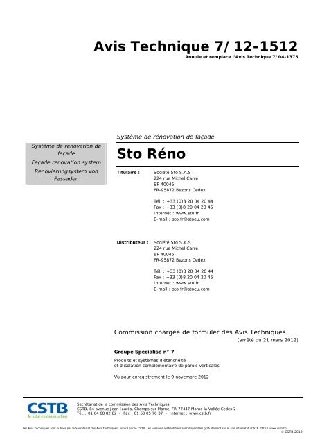 Avis Technique 7/12-1512 Sto Réno - Sto AG