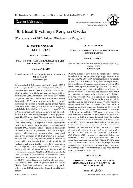 18. ULUSAL BİYOKİMYA KONGRESİ ÖZETLERİ - Mayıs 2004