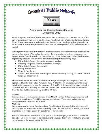 News from the Superintendent's Desk - December 2012 (pdf