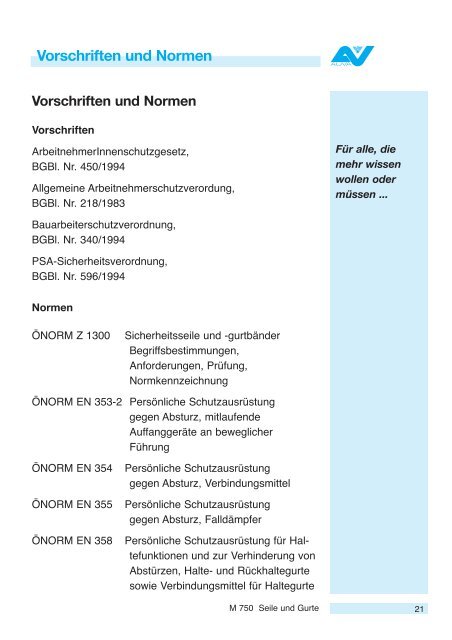 Merkblatt Seile und Gurte gegen Absturz M 750