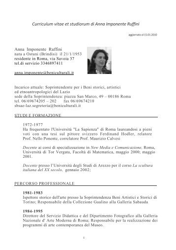 Anna Imponente curriculum - Ministero per i Beni e le Attività Culturali