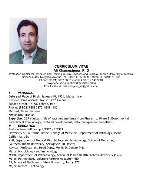 CURRICULUM VITAE Ali Khamesipour, PhD