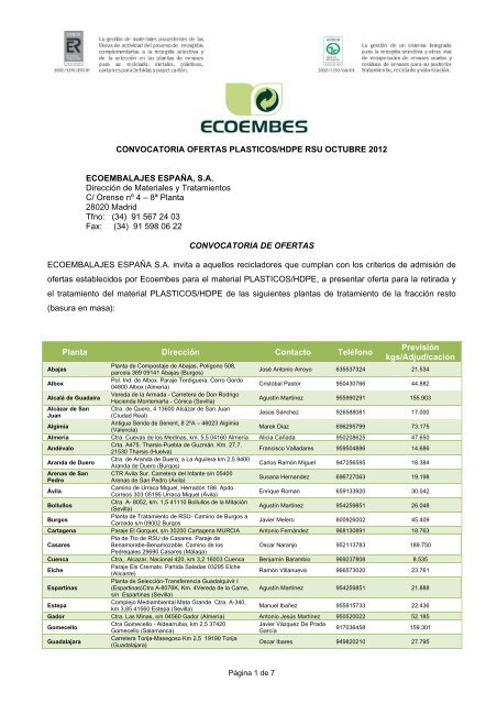 CONVOCATORIA OFERTAS PLASTICOS/HDPE RSU ... - Ecoembes