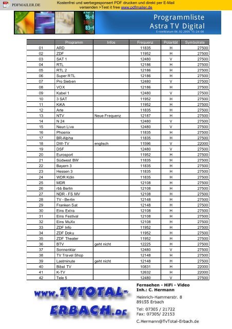 Programmliste Astra Tv Digital Hermanntv De