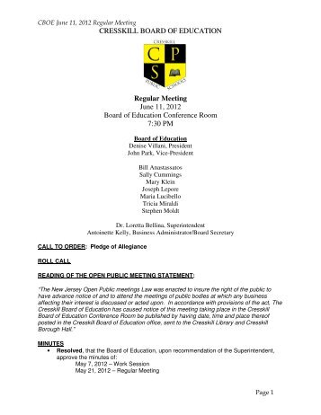 CBOE June 11, 2012 Regular Meeting - Cresskill Public Schools
