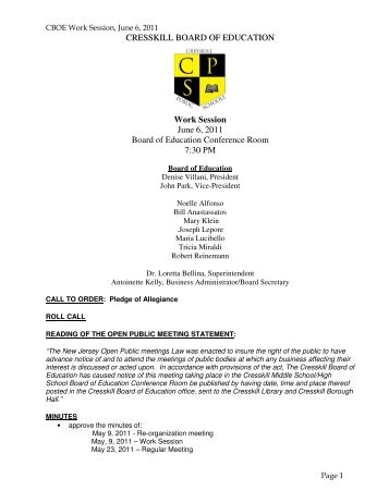 CBOE June 6, 2011 Work Session (pdf) - Cresskill Public Schools