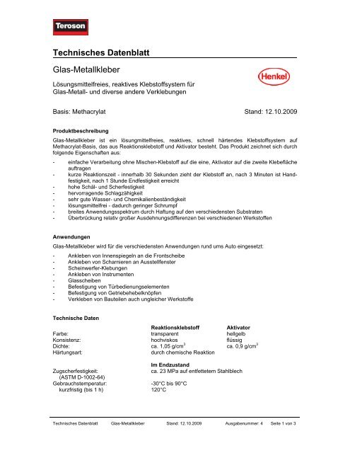 Technisches Datenblatt Glas-Metallkleber - Henkel