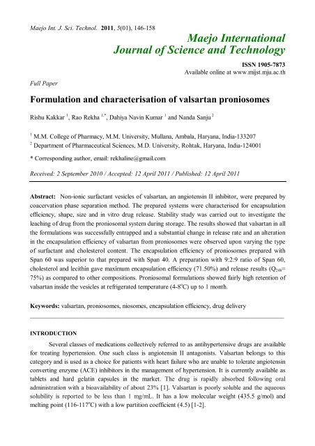 Formulation and characterisation of valsartan proniosomes - Maejo ...