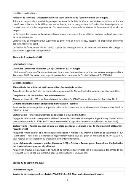 Décisions municipales août et septembre 2012 - Crissier