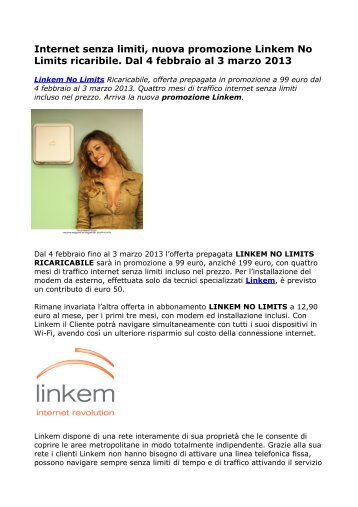 LINKEM NO LIMITS RICARICABILE dal 4 febbraio fino al 3 marzo 2013