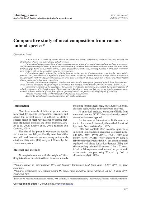 Comparative study of meat composition from various animal species* Comparative study of meat composition from various animal species*