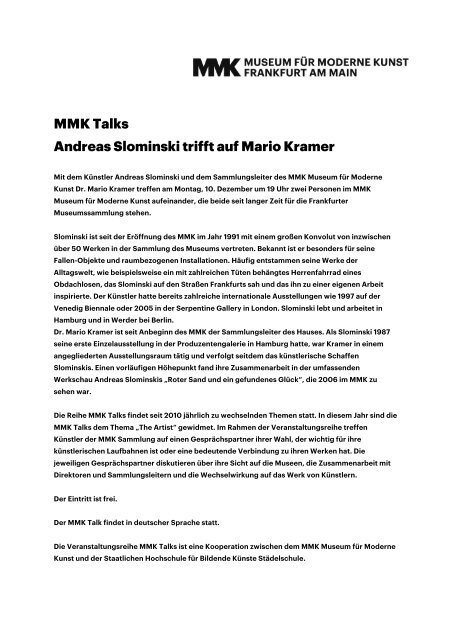 MMK Talks Andreas Slominski trifft auf Mario Kramer - Museum für ...