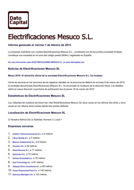 PDF resumen para Electrificaciones Mesuco SL - Dato Capital