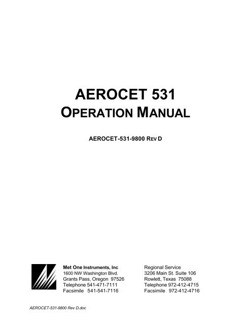 AEROCET-531-9800 Rev D - Met One Instruments, Inc.