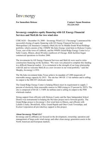 Invenergy Completes Equity Financing With GE ... - Invenergy LLC