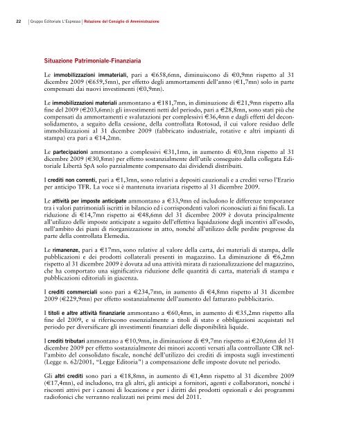 Bilancio al 31-12-2010 PDF File - Gruppo Editoriale L'Espresso S.p.A.