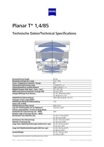 Datenblatt Planar T* 1,4/85 - Carl Zeiss